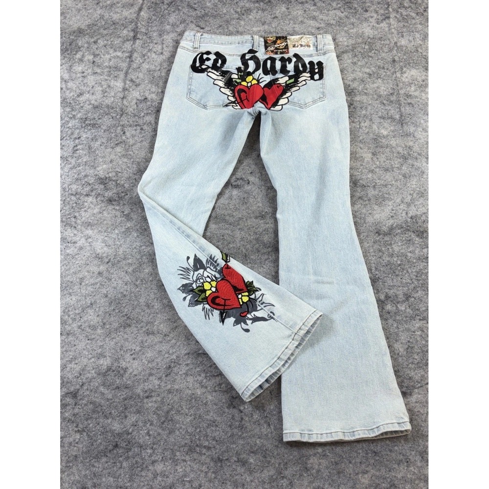 New Ed Hardy Wide Leg Jeans Women's Large Blue Grunge Tattoo Graphic Heart Wings